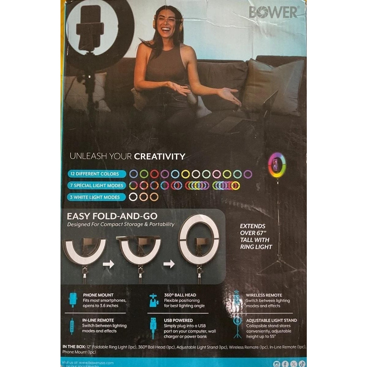 bower content creation 12" foldable ring light adjustable light stand w/ remote
