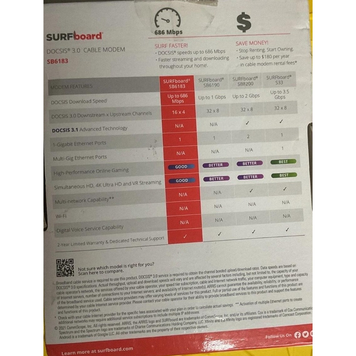 ARRIS SB6183 Surfboard 16x4 DOCSIS 3.0 Cable Modem - Black