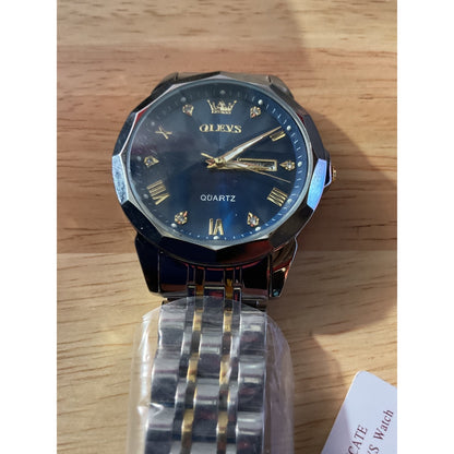 Olevs MENS WATCH Silver/Gold & Navy Blue