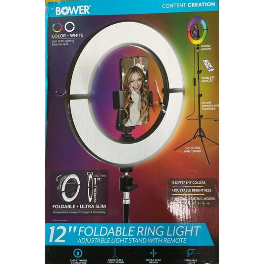bower content creation 12" foldable ring light adjustable light stand w/ remote